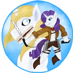 Size: 894x894 | Tagged: safe, artist:asinglepetal, prince blueblood, rarity, pony, unicorn, attack on titan, crossover, glasgow smile, ponified, titan