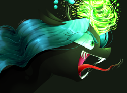 Size: 1900x1400 | Tagged: safe, artist:puppies4lana, queen chrysalis, changeling, changeling queen, black background, bust, crown, drool, eye clipping through hair, fangs, female, forked tongue, glowing horn, jewelry, magic, open mouth, portrait, profile, regalia, simple background, solo