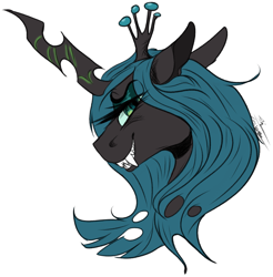 Size: 2115x2147 | Tagged: safe, artist:theeclipticlion, edit, queen chrysalis, changeling, changeling queen, bust, cropped, crown, eyeshadow, fangs, female, floppy ears, grin, jewelry, looking at you, makeup, regalia, simple background, smiling, solo, white background