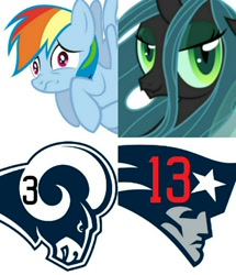 Size: 1290x1500 | Tagged: safe, queen chrysalis, rainbow dash, changeling, changeling queen, pegasus, pony, american football, los angeles rams, new england patriots, nfl, nobody cares, scared, scaredy dash, shitposting, super bowl, super bowl liii