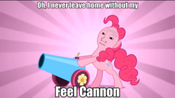 Size: 680x384 | Tagged: safe, pinkie pie, earth pony, pony, feels, female, mare, party cannon, pink coat, pink mane, solo