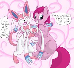 Size: 882x801 | Tagged: safe, artist:a-gift-for-you, pinkie pie, earth pony, pony, blank flank, crossover, cupcake, ninfia, nymphia, pinkamena diane pie, pokémon, pokémon x and y, speech bubble, sylveon