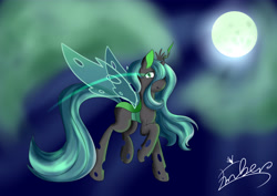 Size: 4093x2894 | Tagged: safe, artist:琥珀莓砸-amberry, queen chrysalis, changeling, changeling queen, crown, female, jewelry, looking at you, moon, regalia, signature, smiling, solo