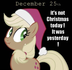 Size: 619x600 | Tagged: safe, applejack, earth pony, pony, christmas, date, discorded, hat, image macro, liar face, liarjack, santa hat