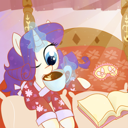 Size: 750x750 | Tagged: safe, artist:meekcheep, rarity, pony, unicorn, bed, book, clothes, coffee, kimono (clothing), morning, morning ponies, one eye closed, pajamas, sleep mask, solo