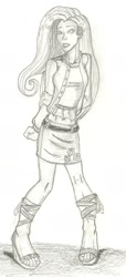 Size: 752x1654 | Tagged: safe, artist:deathloc, fluttershy, clothes, feet, humanized, midriff, monochrome, sandals, skirt, solo, traditional art