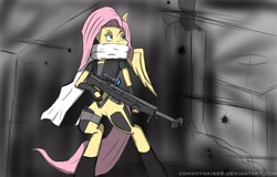 Size: 4152x2664 | Tagged: safe, artist:convoykaiser, fluttershy, anthro, pegasus, clothes, female, flutterbadass, gun, hooves, knife, mare, optical sight, rifle, scarf, sniper rifle, snipershy, solo, weapon, wings