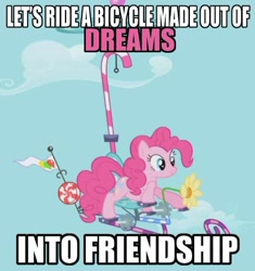 Size: 458x487 | Tagged: safe, screencap, pinkie pie, earth pony, pony, griffon the brush off, flying, flying contraption, image macro, pink text