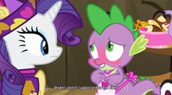 Size: 640x355 | Tagged: safe, screencap, rarity, spike, dragon, pony, unicorn, dragon quest, meme, youtube caption