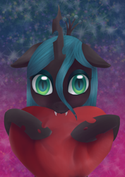 Size: 1000x1414 | Tagged: safe, artist:bat-blood, queen chrysalis, changeling, changeling queen, cute, cutealis, fangs, female, heart, solo