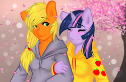 Size: 1080x700 | Tagged: safe, artist:azure-doodle, derpibooru import, applejack, twilight sparkle, anthro, blushing, clothes, eyes closed, female, hoodie, lesbian, shipping, smiling, twijack