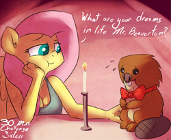 Size: 1020x837 | Tagged: safe, artist:siden, fluttershy, anthro, beaver, 30 minute art challenge, candle, cleavage, date, female