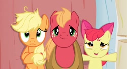 Size: 856x470 | Tagged: safe, edit, edited screencap, screencap, apple bloom, applejack, big macintosh, earth pony, pony, apple family reunion, apple siblings, bed, female, filly, male, mare, on back, pillow, stallion