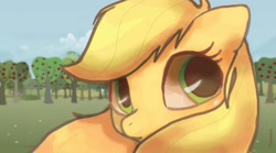 Size: 2376x1324 | Tagged: safe, artist:misuuzu, applejack, earth pony, pony, close-up, orchard, solo