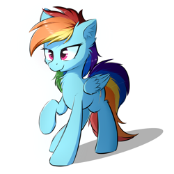 Size: 2000x2000 | Tagged: safe, artist:morningbullet, derpibooru import, rainbow dash, pegasus, pony, cheek fluff, chest fluff, ear fluff, female, fluffy, folded wings, high res, lidded eyes, mare, raised hoof, simple background, smiling, solo, standing, white background