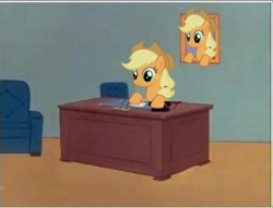 Size: 469x359 | Tagged: safe, edit, applejack, earth pony, pony, 60s spider-man, applestare, desk, duality, meme, office