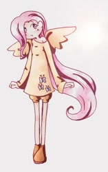 Size: 624x992 | Tagged: safe, artist:xtomatolove, fluttershy, blushing, breasts, delicious flat chest, flattershy, humanized, skinny, solo, winged humanization