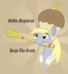 Size: 1102x1200 | Tagged: safe, artist:underwearninja, derpy hooves, pegasus, pony, crown, female, mare, mouth hold, muffin, scepter, solo, sunburst background