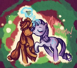 Size: 908x801 | Tagged: safe, artist:maraphy, artist:marraphy, applejack, rarity, earth pony, pony, unicorn, christmas, female, holly, holly mistaken for mistletoe, kissing, lesbian, rarijack, shipping