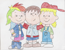 Size: 3292x2532 | Tagged: safe, derpibooru import, rainbow dash, oc, oc:ian, human, equestria girls, baseball cap, boots, charles m schulz, clothes, hoodie, humanized, lana loud, overalls, peanuts, shirt, shoes, sketch, skirt, socks, style emulation, the loud house, traditional art, wristband