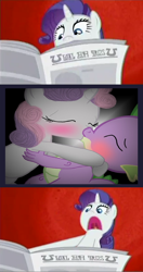 Size: 1210x2299 | Tagged: safe, rarity, spike, sweetie belle, dragon, pony, unicorn, blushing, i'll destroy her, kissing, meme, shipping, spikebelle