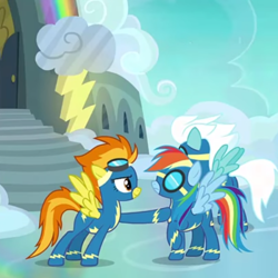 Size: 540x541 | Tagged: safe, derpibooru import, screencap, fleetfoot, rainbow dash, spitfire, pegasus, pony, secrets and pies, clothes, cropped, goggles, uniform, wonderbolts uniform