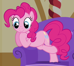 Size: 439x395 | Tagged: safe, screencap, pinkie pie, earth pony, pony, just for sidekicks, hoof under chin, reaction image, sofa, solo