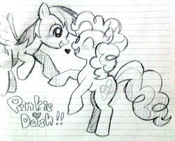 Size: 460x371 | Tagged: safe, artist:momo, derpibooru import, pinkie pie, rainbow dash, earth pony, pegasus, pony, cute, dashabetes, diapinkes, female, lesbian, monochrome, pinkiedash, shipping