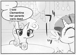 Size: 546x395 | Tagged: safe, rarity, sweetie belle, pony, unicorn, ..., clementine (walking dead), exploitable meme, female, forced meme, many many pony, meme, monochrome, mug, pure unfiltered evil, spit take, the walking dead