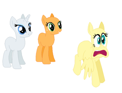 Size: 617x469 | Tagged: artist needed, safe, applejack, fluttershy, rarity, earth pony, pegasus, pony, unicorn, astartes pattern baldness, bald, base, flying, frown, lol, scared, shocked, smiling, spread wings, surprised, three bald ponies, wide eyes