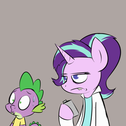 Size: 1500x1500 | Tagged: safe, artist:pandramodo, spike, starlight glimmer, dragon, pony, unicorn, alcohol, clothes, coat, confused, cosplay, costume, crossover, drunk, drunklight glimmer, duo, female, flask, frown, gray background, lab coat, lidded eyes, liquor, male, mare, morty smith, rick and morty, rick sanchez, salivating, simple background, starlight is not amused, sweat, sweatdrop, unamused, worried, yellow shirt