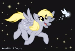Size: 2304x1570 | Tagged: safe, artist:thegreendragongirl, derpy hooves, pegasus, pony, crossover, female, flying, happy, mare, navi, solo, the legend of zelda