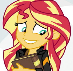 Size: 1105x1080 | Tagged: safe, edit, edited screencap, screencap, sunset shimmer, equestria girls, friendship games, :d, awkward smile, cute, journey book, looking away, shimmerbetes, smiling, solo, sunedge shimmer, teeth