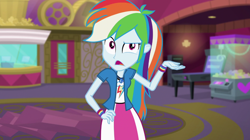 Size: 1280x718 | Tagged: safe, derpibooru import, screencap, rainbow dash, equestria girls, mirror magic, spoiler:eqg specials, cinema, clothes, female, geode of super speed, magical geodes, open mouth, skirt, solo, theater, wristband