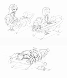 Size: 950x1108 | Tagged: safe, artist:carnifex, aloe, fluttershy, lotus blossom, rarity, female, humanized, lineart, monochrome, mud mask, sketch, sleeping, spa, spa twins