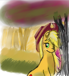 Size: 411x455 | Tagged: safe, artist:equestrianartist, applejack, earth pony, pony, equestrianartist, orchard, sunset