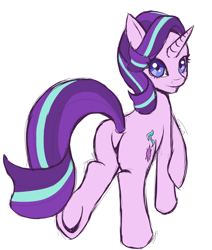 Size: 1280x1512 | Tagged: safe, artist:suziouwabami, starlight glimmer, pony, unicorn, blue eyes, featureless crotch, female, looking at you, looking back, mare, plot, rear view, simple background, sketch, solo, white background