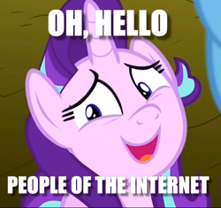 Size: 736x692 | Tagged: safe, edit, edited screencap, screencap, starlight glimmer, pony, unicorn, no second prances, abashed, breaking the fourth wall, cropped, female, fourth wall, hello, image macro, looking at you, mare, meme, open mouth, smiling, solo, surprised, talking, uncertain