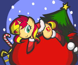 Size: 1350x1125 | Tagged: safe, artist:rvceric, sunset shimmer, pony, unicorn, christmas, christmas tree, clothes, cute, looking at you, santa costume, shimmerbetes, solo, tree