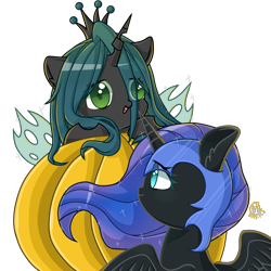 Size: 3000x3000 | Tagged: safe, artist:甜甜, nightmare moon, queen chrysalis, alicorn, changeling, changeling queen, pony, crown, female, filly, jewelry, moonabetes, regalia, simple background, transparent background