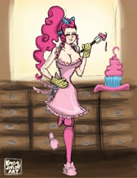 Size: 5100x6630 | Tagged: safe, artist:konsoli, pinkie pie, absurd resolution, apron, breasts, cake, cleavage, clothes, female, humanized, pinkie pies