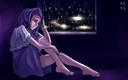 Size: 2000x1261 | Tagged: safe, artist:mrs1989, rarity, barefoot, bracelet, feet, humanized, rain, sad, sitting, solo, window