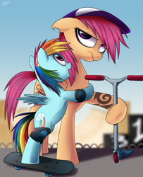 Size: 2285x2816 | Tagged: safe, artist:php69, derpibooru import, rainbow dash, scootaloo, pegasus, pony, age swap, duo, female, filly, filly rainbow dash, older, role reversal, scooter, skateboard, tattoo, younger
