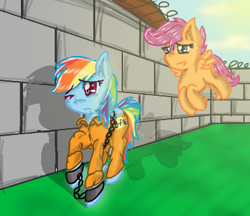 Size: 370x320 | Tagged: safe, artist:frostyshield951, derpibooru import, rainbow dash, scootaloo, pegasus, pony, clothes, duo, prison, prison outfit, prisoner rd, scootaloo can fly