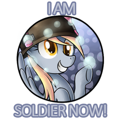Size: 500x500 | Tagged: safe, artist:tina-chan, edit, derpy hooves, pegasus, pony, caption, derpy soldier, female, image macro, mare, rubberfruit, smiling, soldier, solo, team fortress 2