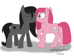 Size: 1024x773 | Tagged: safe, artist:aurumluxetal, pinkie pie, oc, oc:dark light, earth pony, pony, canon x oc, eyes closed, female, kissing, lesbian, pinkamena diane pie, pregnant, raised hoof, shipping, surprise kiss, surprised, wide eyes