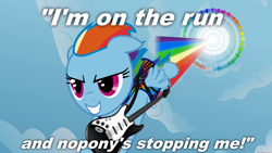 Size: 1920x1080 | Tagged: safe, derpibooru import, edit, edited screencap, editor:grapefruitface, screencap, rainbow dash, pegasus, pony, sonic rainboom (episode), bad guitar anatomy, clothes, electric guitar, female, flight, flying, guitar, mare, musical instrument, on the run, parody, solo, song reference, sonic rainboom, toto (band)