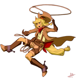 Size: 933x957 | Tagged: safe, artist:radiostarkiller, applejack, eared humanization, humanized, lasso, simple background, solo, tailed humanization