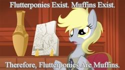 Size: 900x506 | Tagged: safe, artist:equestria-prevails, edit, derpy hooves, flutter pony, ancient aliens, giorgio a. tsoukalos, logic, logical fallacy, meme, solo, text