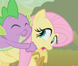 Size: 563x480 | Tagged: safe, screencap, fluttershy, spike, dragon, pegasus, pony, feeling pinkie keen, cropped, female, hug, male